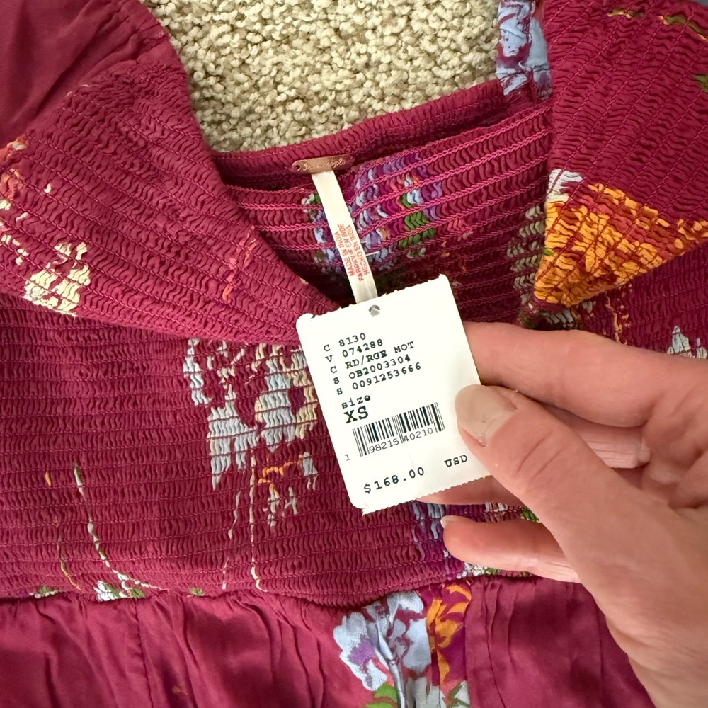 NWT Free People Floral Smocked Long Sleeve Maxi Dress Burgundy XS - Picture 4 of 4
